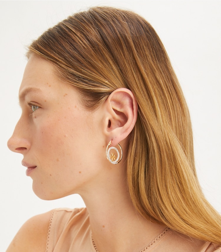 Tory Burch designer earrings Miller Pavé Hoop Earring in Tory Gold / Crystal accessory on model
