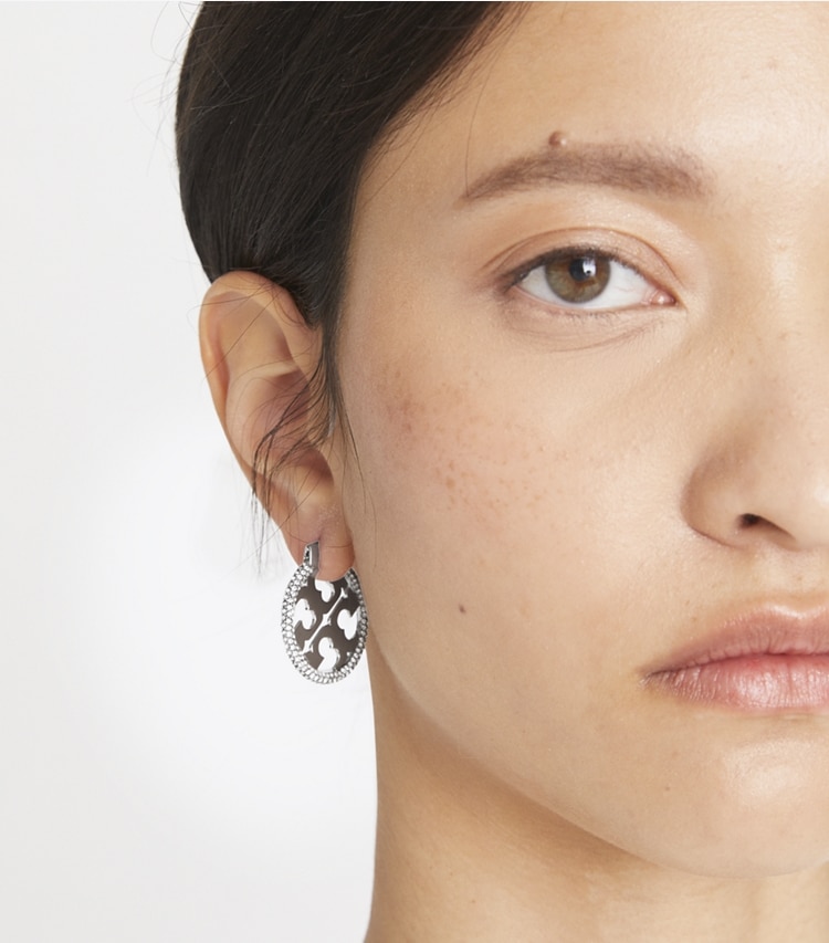 Tory Burch designer earrings Miller Pavé Hoop Earrings in Tory Gold / Crystal accessory on model