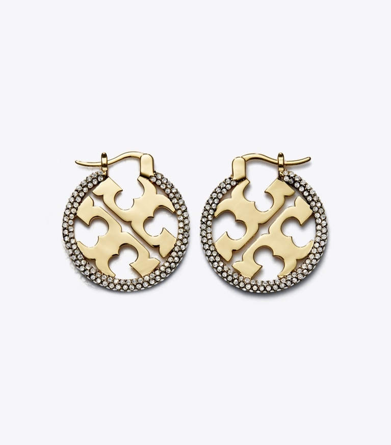 Tory Burch designer earrings Miller Pavé Hoop Earrings in Tory Gold / Crystal front
