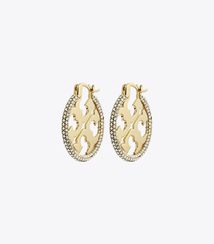 Tory Burch designer earrings Miller Pavé Hoop Earrings in Tory Gold / Crystal front