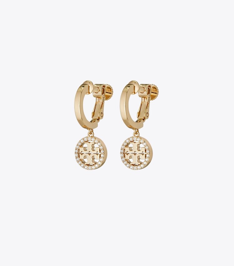 Tory Burch designer イヤリング＆ピアス ミラー パヴェ ハギーフープ クリップオンイヤリング in Tory Gold / Crystal front