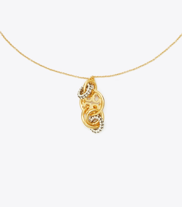 Tory Burch designer necklaces Miller Pavé Interlocking Pendant in Tory Gold / Crystal front