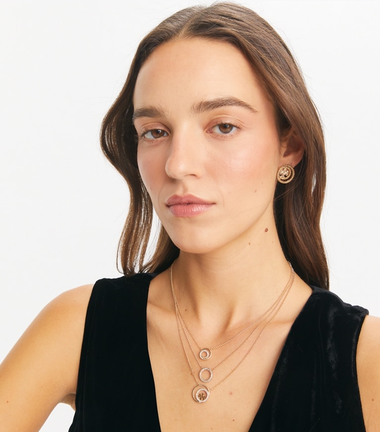 Tory Burch designer necklaces Miller Pavé Layered Necklace in Tory Gold / Crystal front