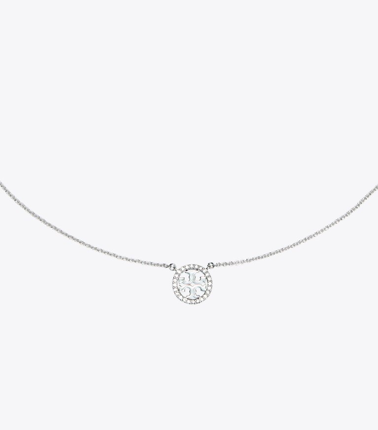 Tory Burch designer necklaces Miller Pavé Logo Delicate Necklace in Tory Silver/Crystal front