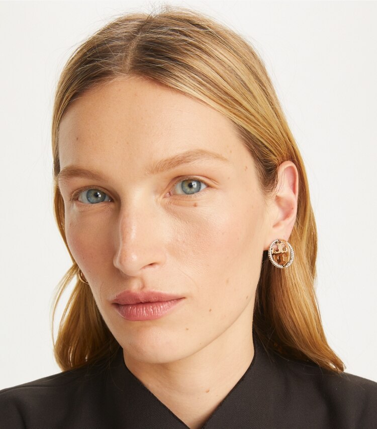 Tory Burch designer earrings Miller Pavé Multi Hoop Earring in Tory Gold / Crystal accessory on model