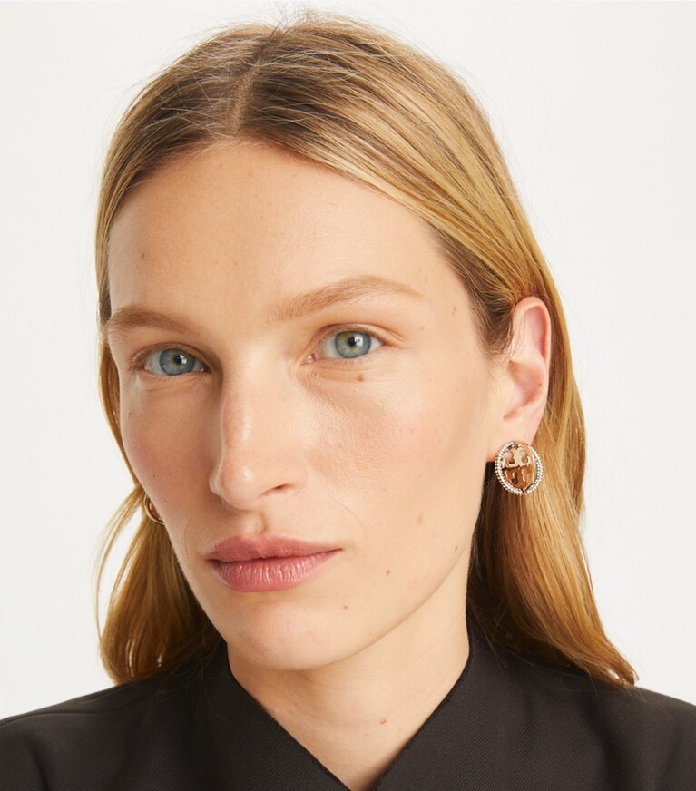 Tory Burch designer earrings Miller Pavé Multi Hoop Earring in Tory Gold / Crystal front