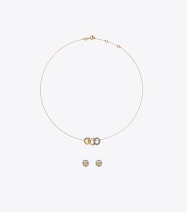 Tory Burch designer jewelry boxes Miller Pavé Necklace and Earring Gift Set in Tory Gold / Crystal front