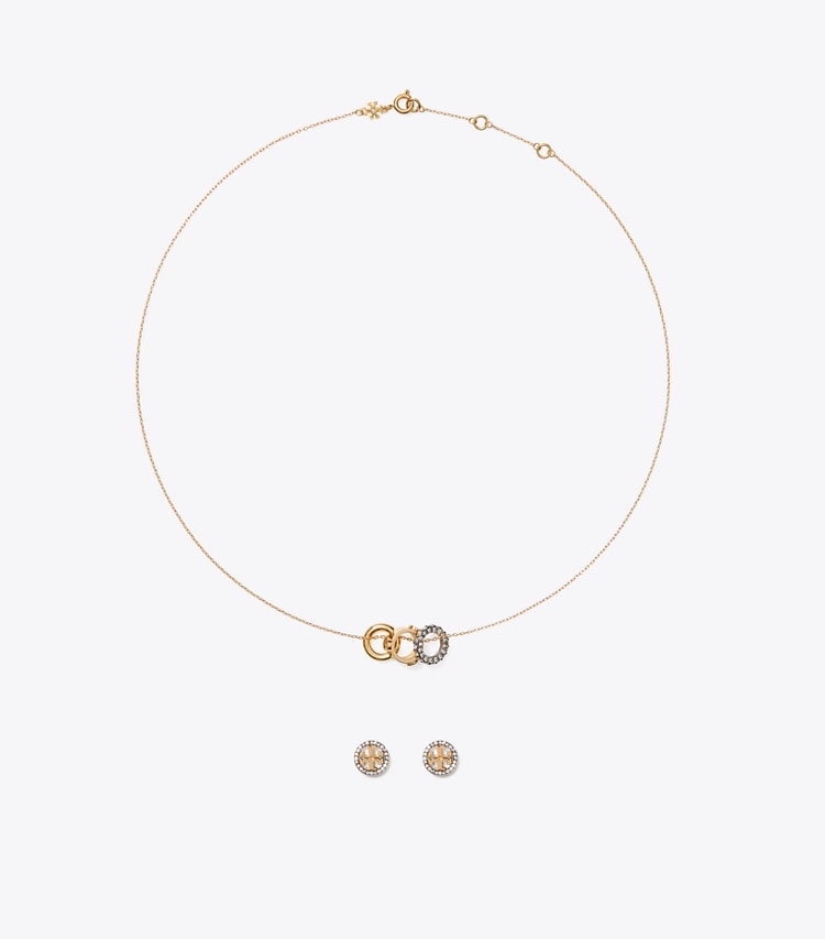 Tory Burch designer jewelry boxes Miller Pavé Necklace and Earring Gift Set in Tory Gold / Crystal front