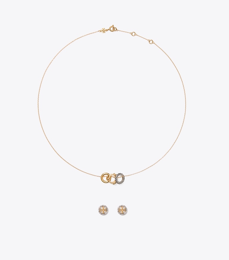 Tory Burch designer jewelry boxes Miller Pavé Necklace and Earring Gift Set in Tory Gold / Crystal front