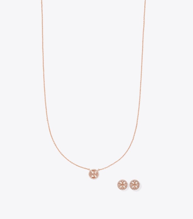 Tory Burch designer jewelry boxes Miller Pavé Pendant Necklace & Stud Earring Gift Set in Rose Gold / Crystal front