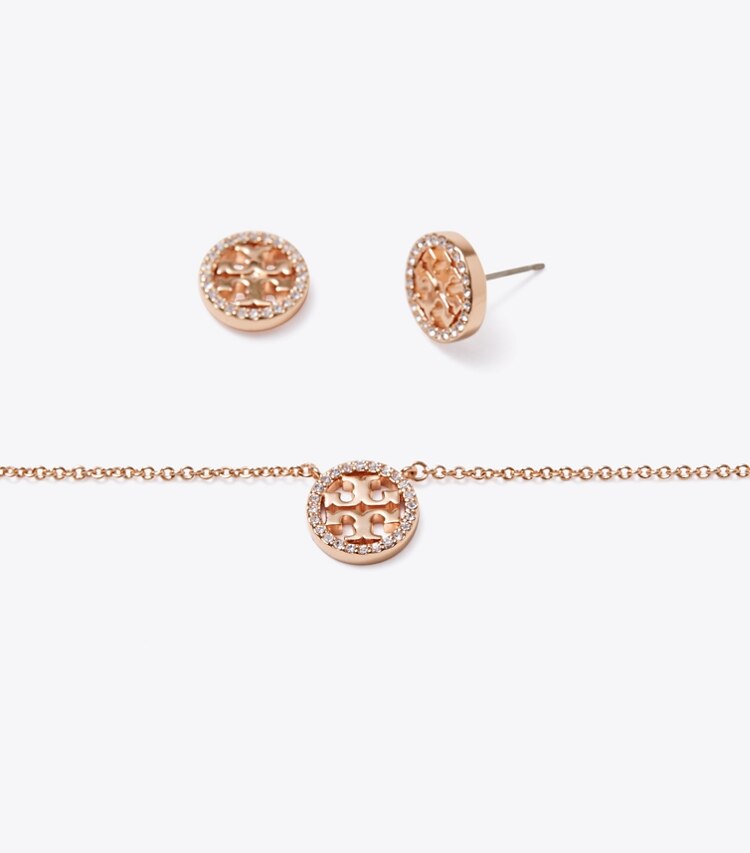 Tory Burch designer jewelry boxes Miller Pavé Pendant Necklace & Stud Earring Gift Set in Rose Gold / Crystal overhead