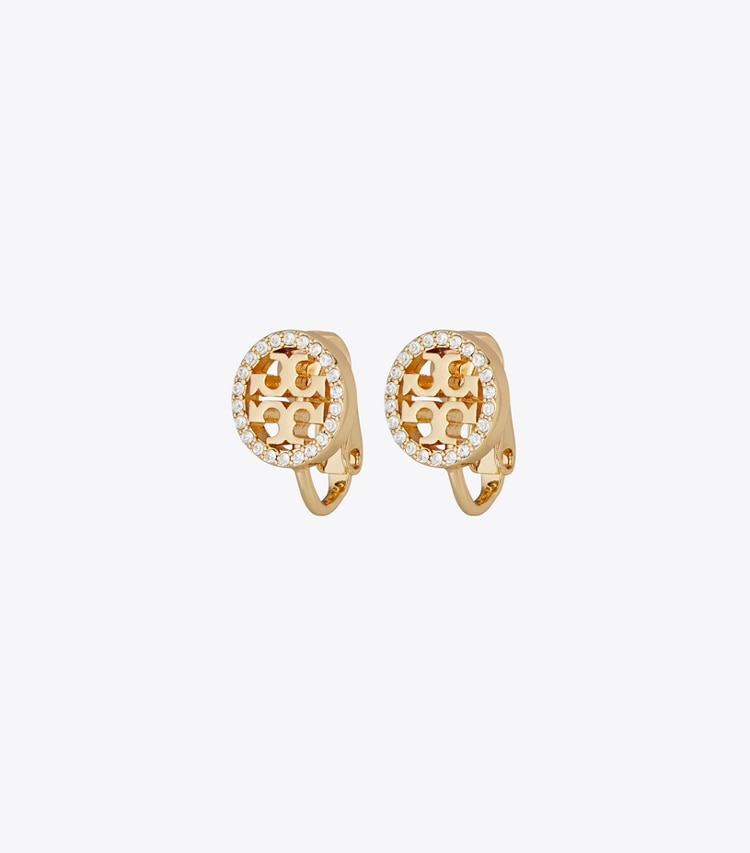 Tory Burch designer イヤリング＆ピアス ミラー パヴェ スタッズ クリップオンイヤリング in Tory Gold / Crystal front