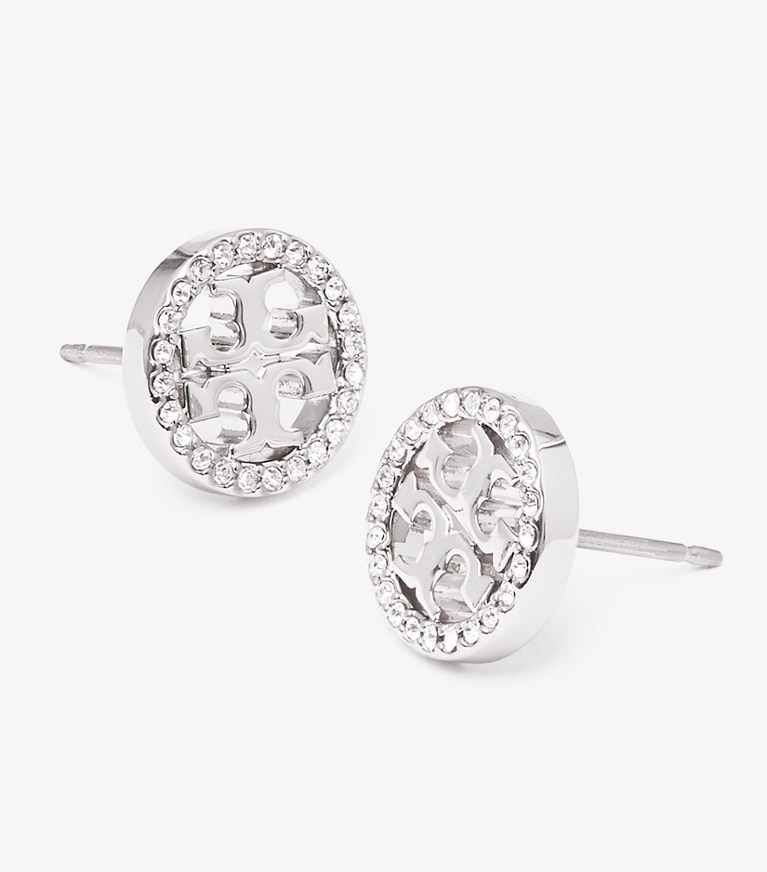 Tory Burch designer earrings Miller Pavé Stud Earring in Tory Silver/Crystal front