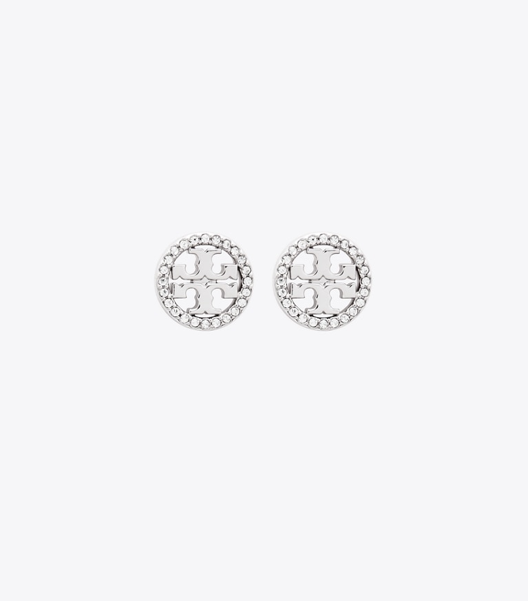 Tory Burch designer earrings Miller Pavé Stud Earring in Tory Silver/Crystal front