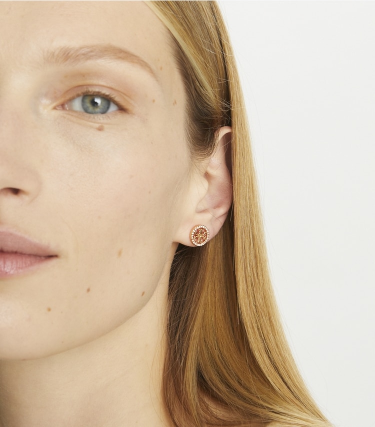Tory Burch designer earrings Miller Pavé Stud Earrings in Tory Silver/Crystal accessory on model