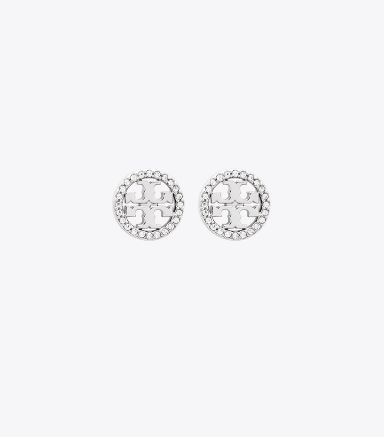 Tory Burch designer earrings Miller Pavé Stud Earrings in Tory Silver/Crystal front