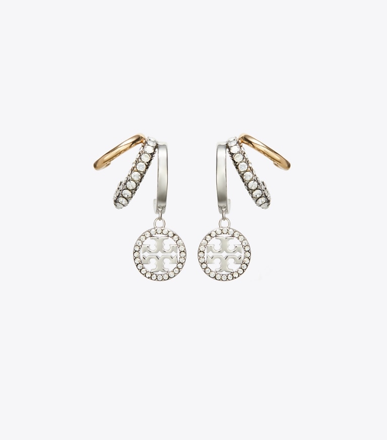 Tory Burch designer earrings Miller Pavé Triple Hoop Earrings in Tory Gold / Tory Silver / Crystal front