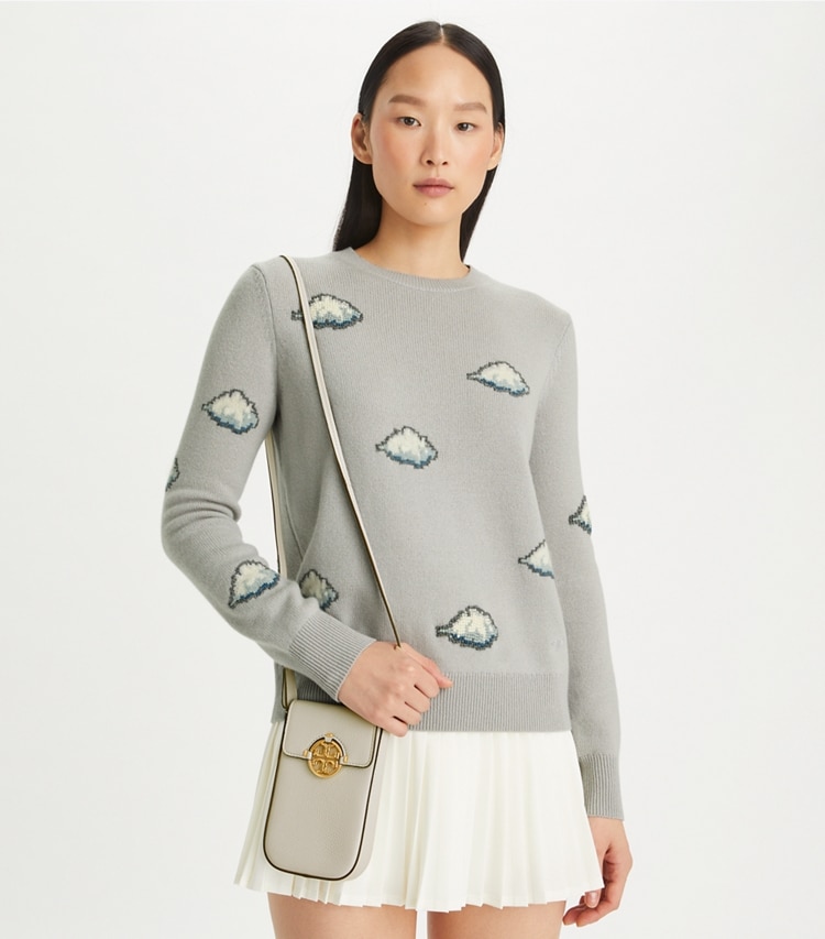 Tory Burch designer mini bags Miller Phone Crossbody in Feather Gray accessory on model
