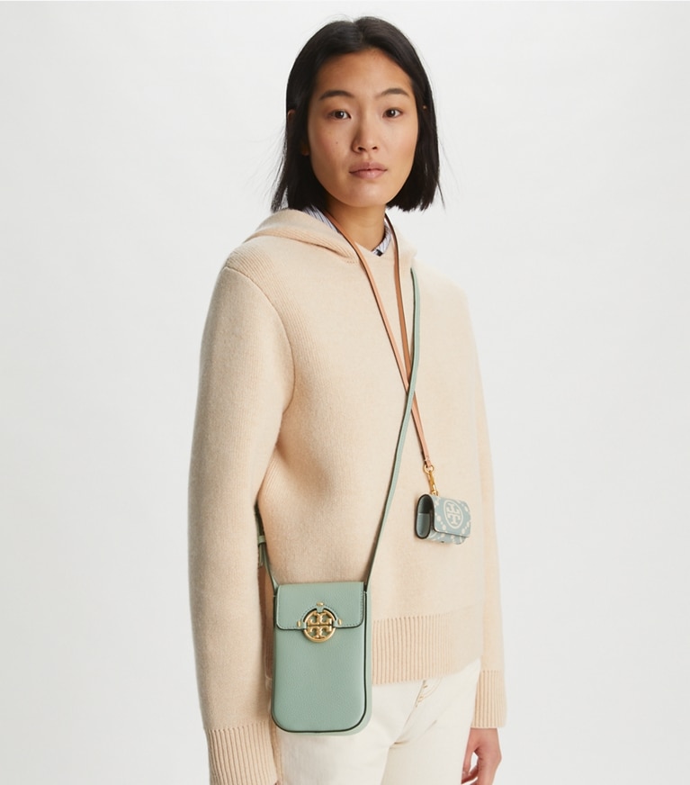 Tory Burch designer mini bags Miller Phone Crossbody in Blue Celadon angle
