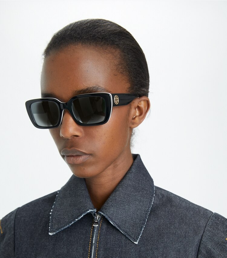 Tory Burch designer sunglasses & eyewear Miller Rectangle Sunglasses in DARK TORTOISE/ SOLID BROWN accessory on model