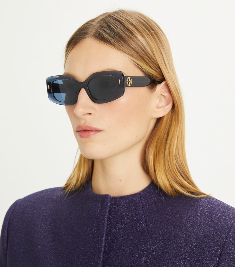 Tory Burch designer sunglasses & eyewear Miller Rectangle Sunglasses in BLACK/DARK GREY front