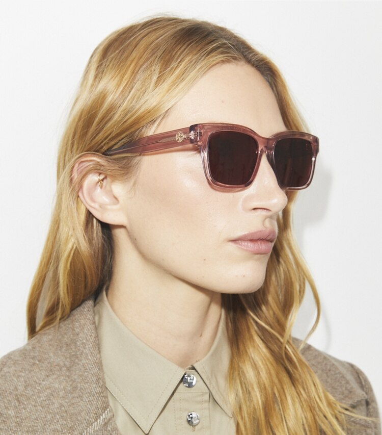 Tory Burch designer sunglasses & eyewear Miller Rectangle Sunglasses in TRANSPARENT PINK/WINE accessory on model