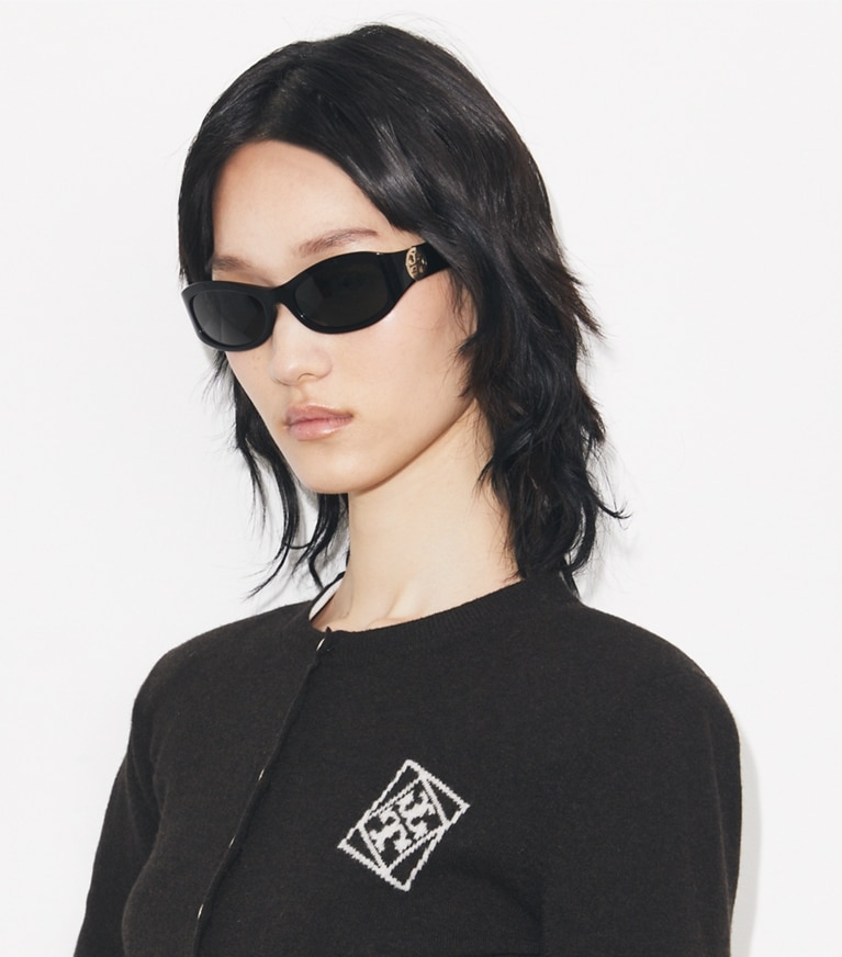 Tory Burch designer sunglasses & eyewear Miller Rectangle Sunglasses in BONE/LIGHT BROWN accessory on model