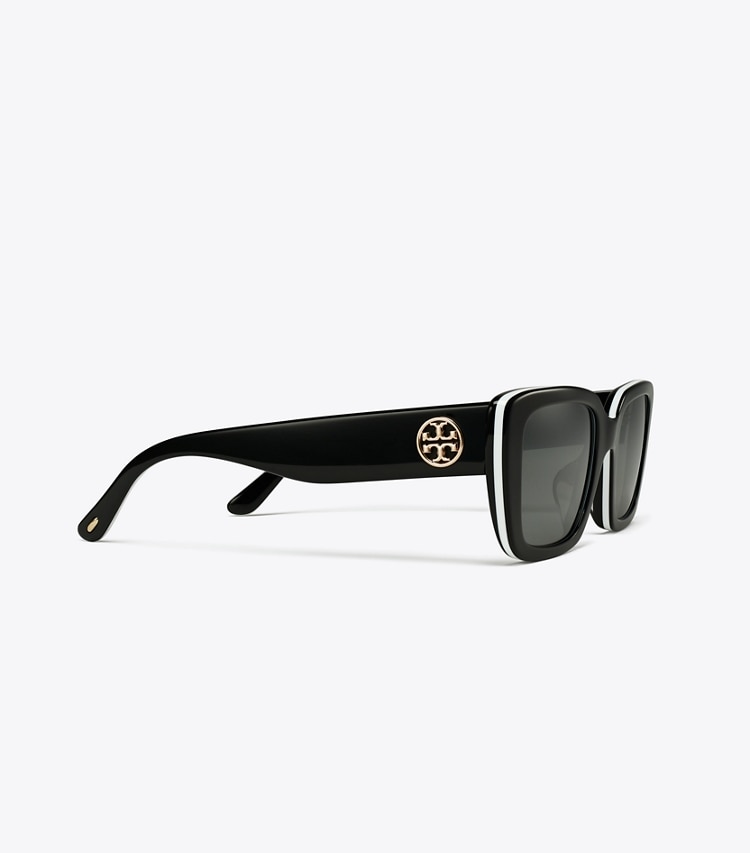 Tory Burch designer sunglasses & eyewear Miller Rectangle Sunglasses in BLACK WHITE TRILAYER/GREY SILVER MIRROR detail