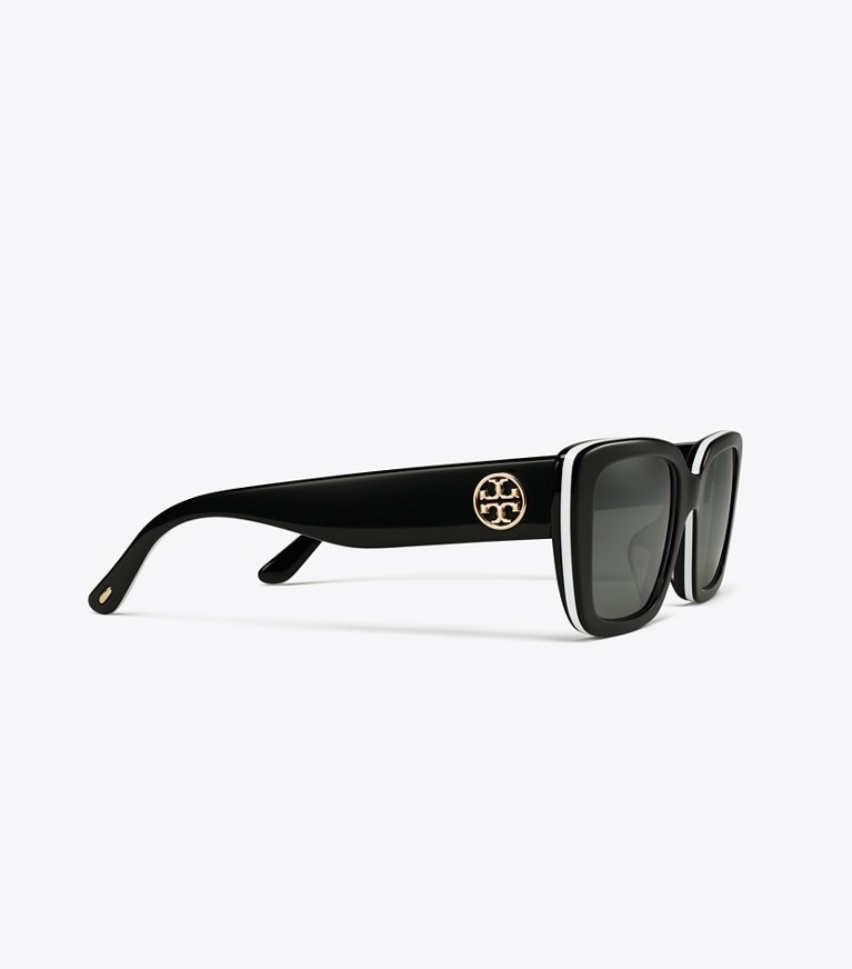 Tory Burch designer sunglasses & eyewear Miller Rectangle Sunglasses in BLACK WHITE TRILAYER/GREY SILVER MIRROR front