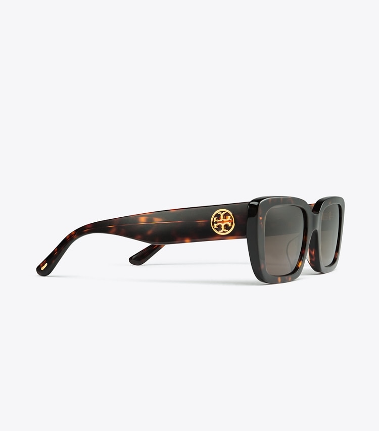 Tory Burch designer sunglasses & eyewear Miller Rectangle Sunglasses in DARK TORTOISE/ SOLID BROWN detail