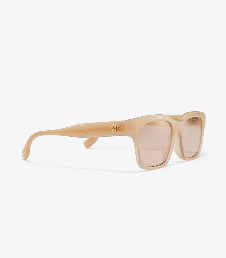 Tory Burch designer sunglasses & eyewear Miller Rectangle Sunglasses in MILKY NUDE/PINK GOLD MIRROR detail