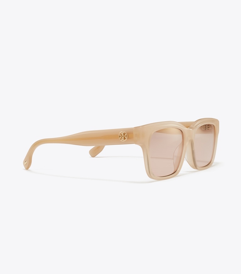 Tory Burch designer sunglasses & eyewear Miller Rectangle Sunglasses in MILKY NUDE/PINK GOLD MIRROR detail
