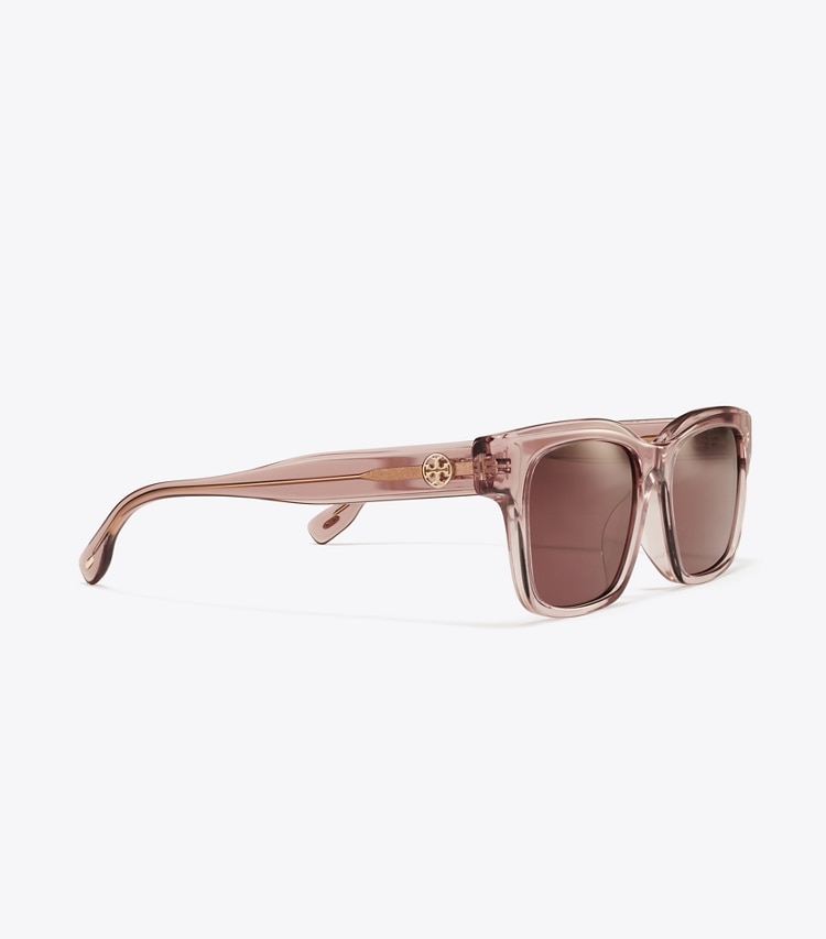 Tory Burch designer sunglasses & eyewear Miller Rectangle Sunglasses in TRANSPARENT PINK/WINE detail