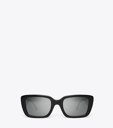 Tory Burch designer sunglasses & eyewear Miller Rectangle Sunglasses in BLACK WHITE TRILAYER/GREY SILVER MIRROR front