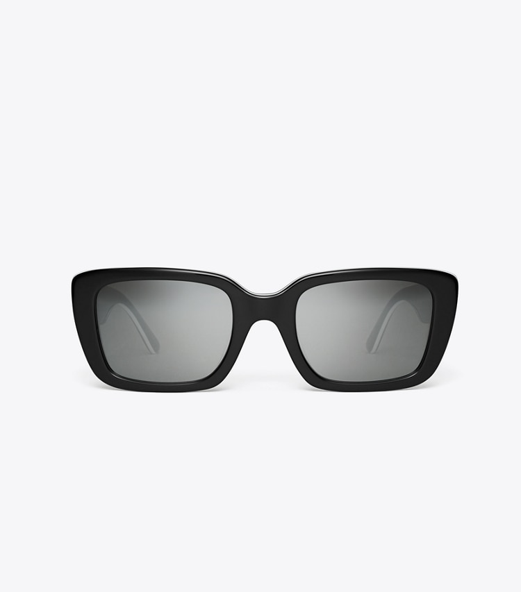 Tory Burch designer sunglasses & eyewear Miller Rectangle Sunglasses in BLACK WHITE TRILAYER/GREY SILVER MIRROR front