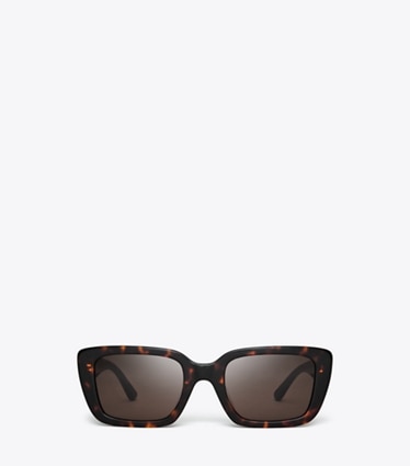 Tory Burch designer sunglasses & eyewear Miller Rectangle Sunglasses in DARK TORTOISE/ SOLID BROWN front