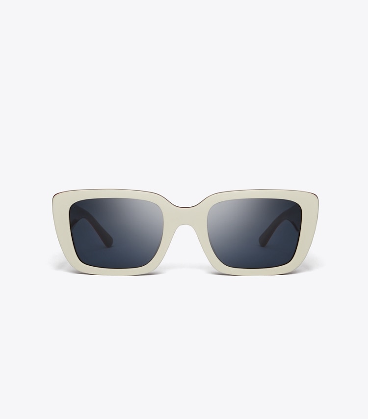 Tory Burch designer sunglasses & eyewear Miller Rectangle Sunglasses in IVORY RED BLUE TRILAYER/ DARK BLUE SOLID front