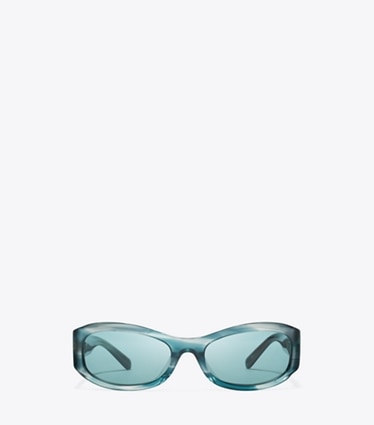 Tory Burch designer sunglasses & eyewear Miller Rectangle Sunglasses in TEAL STRIATED/PETROL GREEN front
