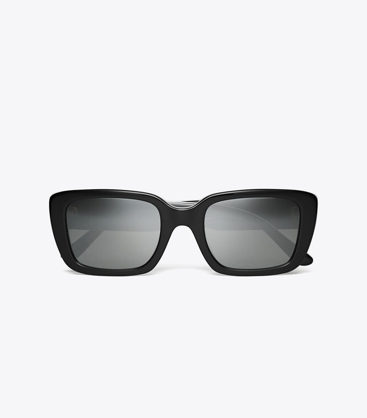 Tory Burch designer sunglasses & eyewear Miller Rectangle Sunglasses in BLACK WHITE TRILAYER/GREY SILVER MIRROR overhead