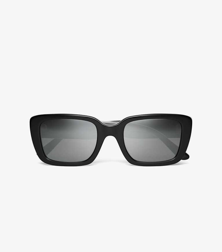 Tory Burch designer sunglasses & eyewear Miller Rectangle Sunglasses in BLACK WHITE TRILAYER/GREY SILVER MIRROR front