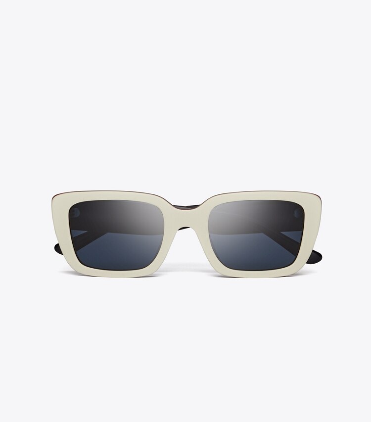 Tory Burch designer sunglasses & eyewear Miller Rectangle Sunglasses in IVORY RED BLUE TRILAYER/ DARK BLUE SOLID overhead