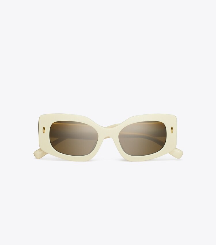 Tory Burch designer サングラス＆アイウェア ミラー プッシュ レクタングルサングラス in IVORY/DARK BROWN オーバーヘッド