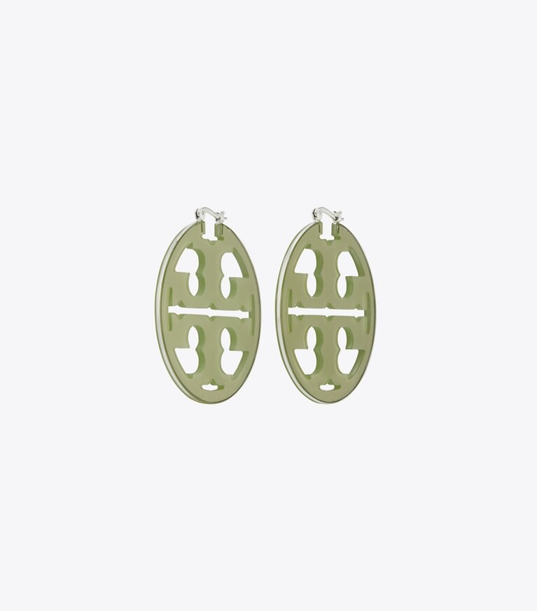 Tory Burch designer earrings Miller Resin Hoop Earring in Tory Silver / Green front