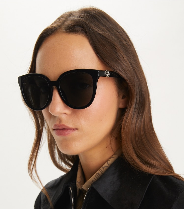 Tory Burch designer sunglasses & eyewear Miller Round Sunglasses in TRANSPARENT BROWN/ DARK BROWN accessory on model