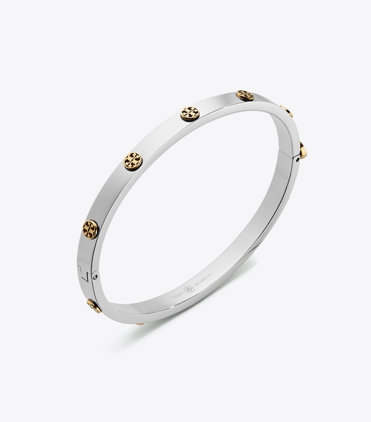 Tory Burch designer armbänder Miller Scharnierarmreif mit Nieten, 5 mm in Tory Silver / Tory Gold detail