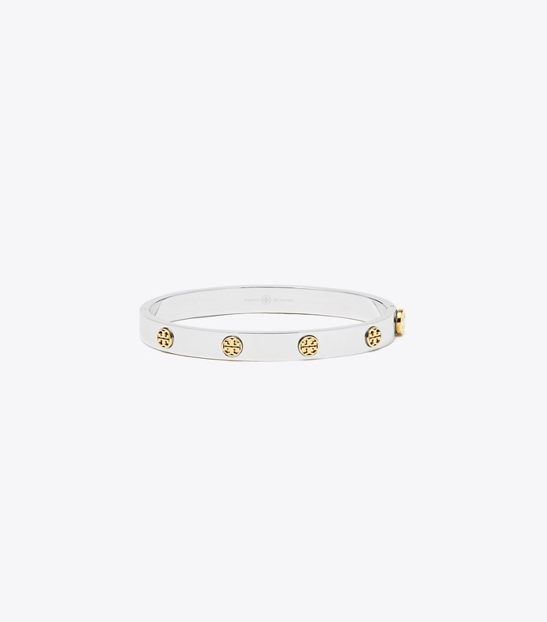 Tory Burch designer armbänder Miller Scharnierarmreif mit Nieten, 7 mm in Tory Silver / Tory Gold front