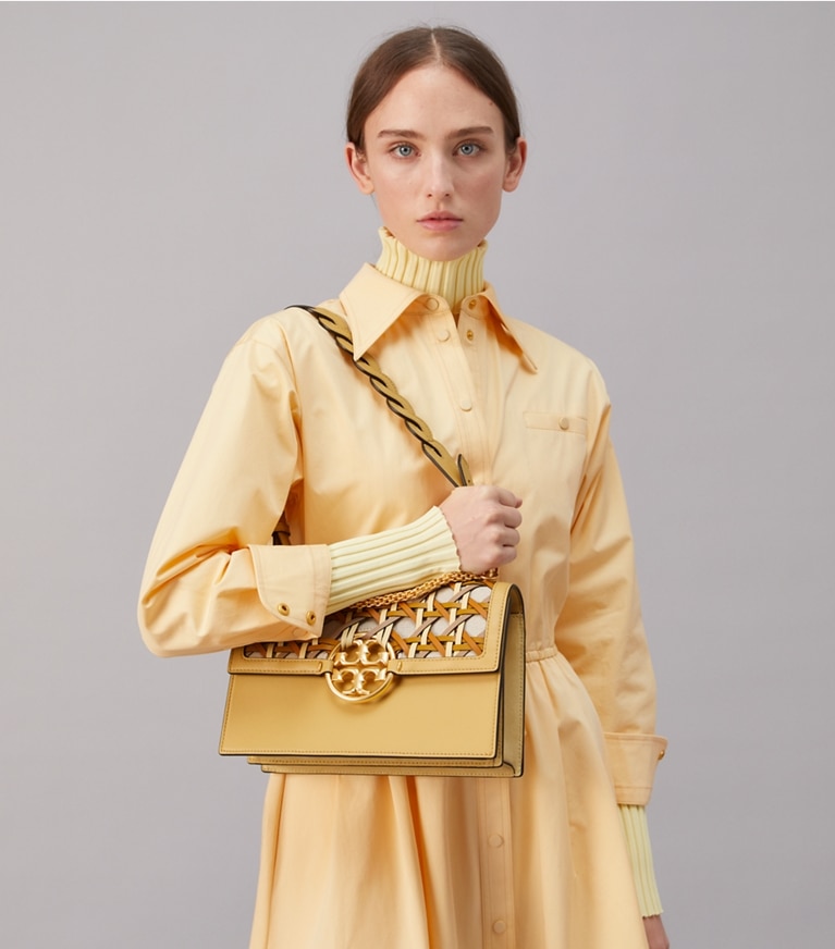 Tory Burch designer schultertaschen Miller Schultertasche in Korbgeflecht-Optik in CORNBREAD angle