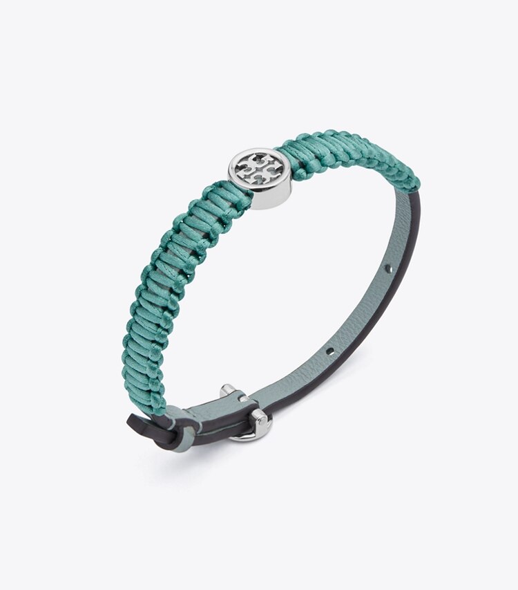 Tory Burch designer bracelets Miller Silk Leather Bracelet in Shiny Tory Silver/Blue Celadon detail