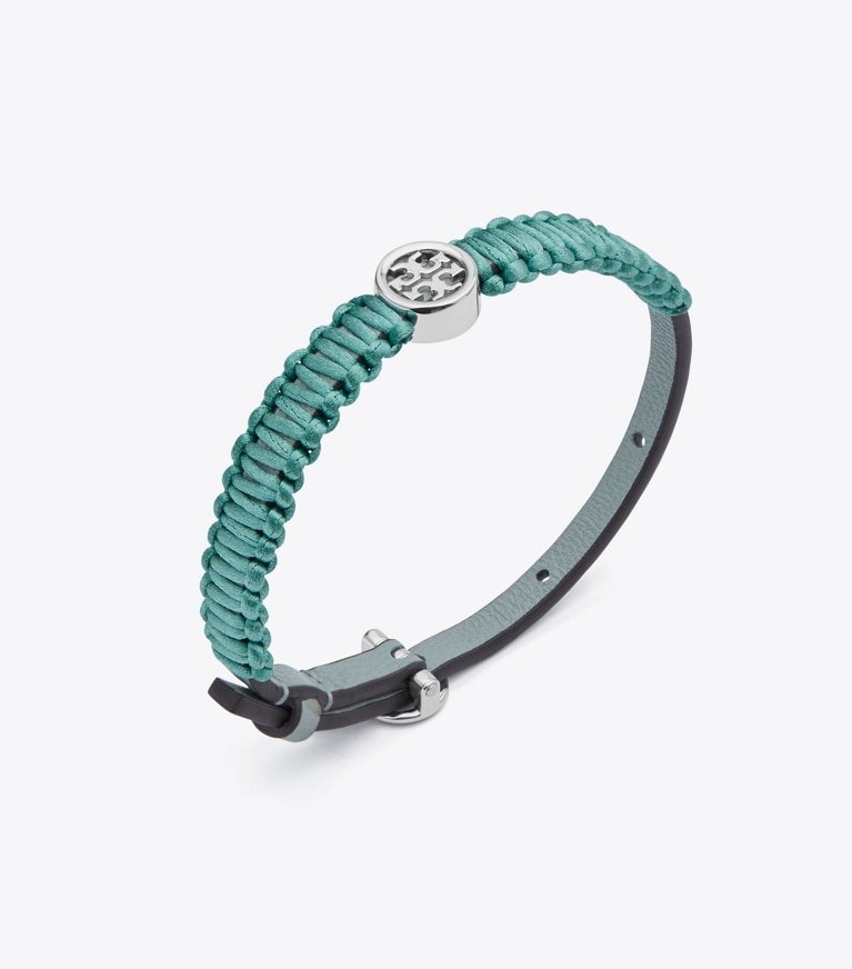 Tory Burch designer bracelets Miller Silk Leather Bracelet in Shiny Tory Silver/Blue Celadon front