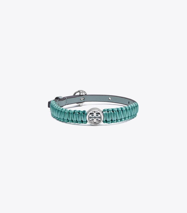 Tory Burch designer bracelets Miller Silk Leather Bracelet in Shiny Tory Silver/Blue Celadon front
